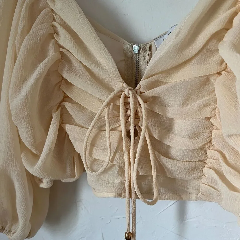 Fairy Cream Ruched Puff Sleeve Crop Top HYFVE Romantic Cottagecore Coquette Sz L - Picture 5 of 9